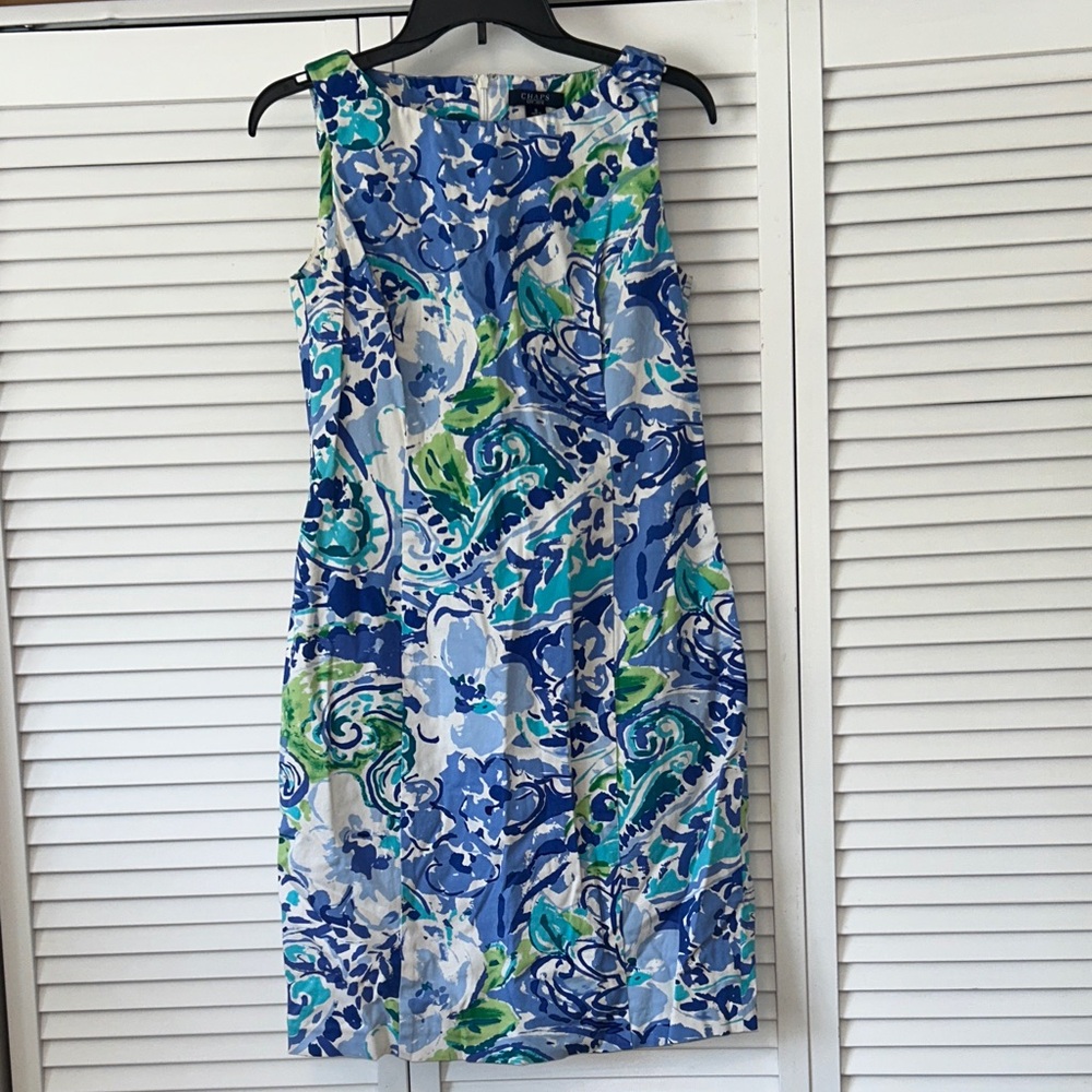 Chaps Blue and Green Patterned Mini Dress Floral Sheath Size 8 Back Zipper